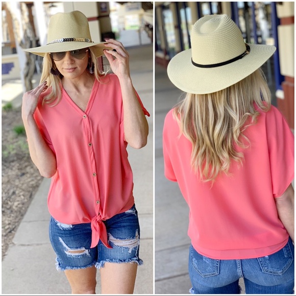 ✨LAST ONE✨ Neon coral Button Down Tie Front Top - Picture 3 of 3
